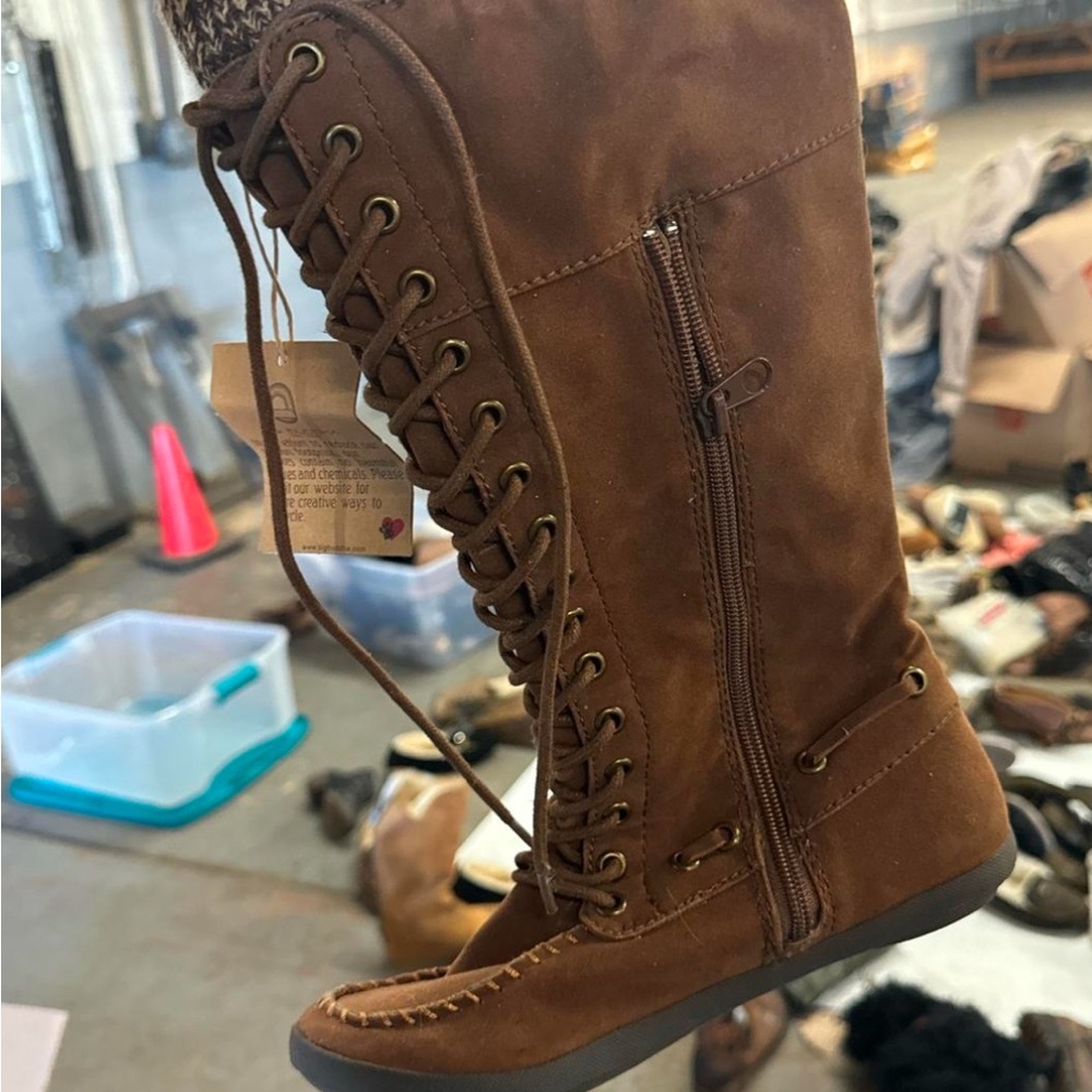Brown Lace-Up Knee-High Boots